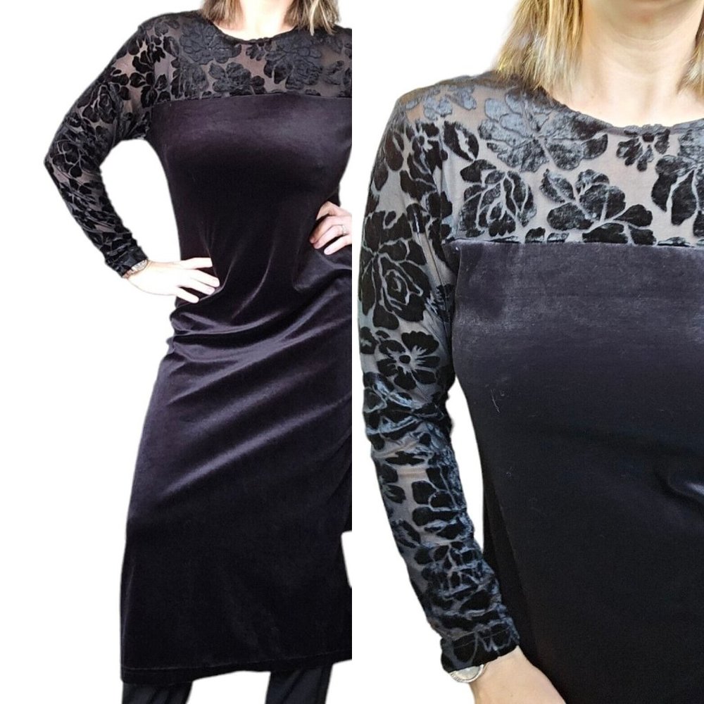 Vintage Y2K DVF Black Velvet Mesh Long Maxi Dress Goth S/M
